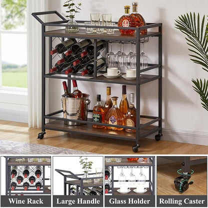 Bar Cart for The Home with Wine Rack and Glasses Holder, Small Home Bar Serving Cart on Wheels for Liquor and Alcohol (Walnut Brown)