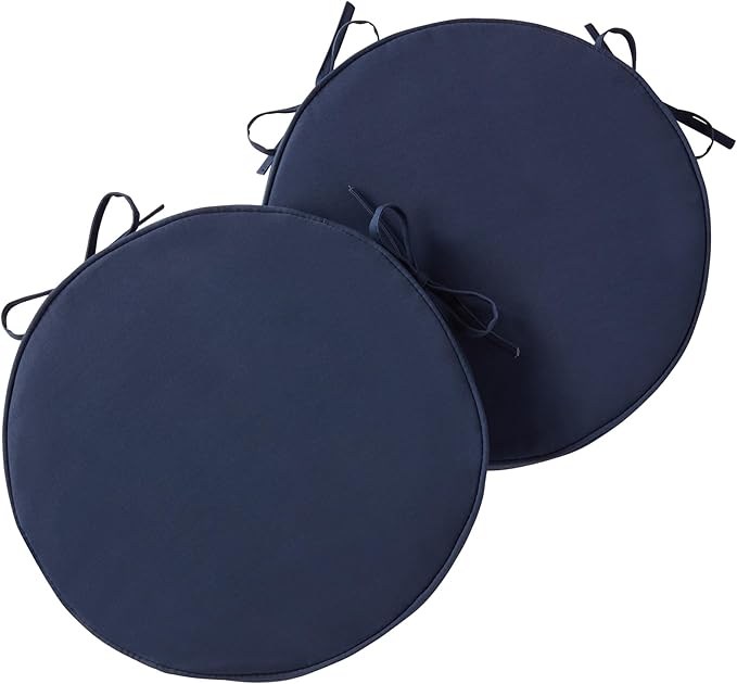 Set of 2 Outdoor 18 inch Round Patio Dining Chair Pads – Comfortable Fiber-Filled Seat Cushions with Ties, Reversible Polyester Fabric - Navy