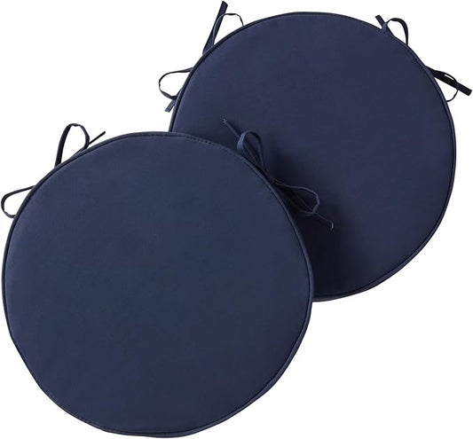 Set of 2 Outdoor 18 inch Round Patio Dining Chair Pads – Comfortable Fiber-Filled Seat Cushions with Ties, Reversible Polyester Fabric - Navy