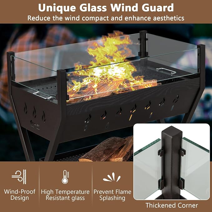 HAPPYGRILL Charcoal Grill with Glass Wind Guard & Seasoning Racks | Outdoor Barbecue Charcoal Grills with Storage Shelf, Warming and Cooking Grills, BBQ Grill Set for Camping Picnic Hiking
