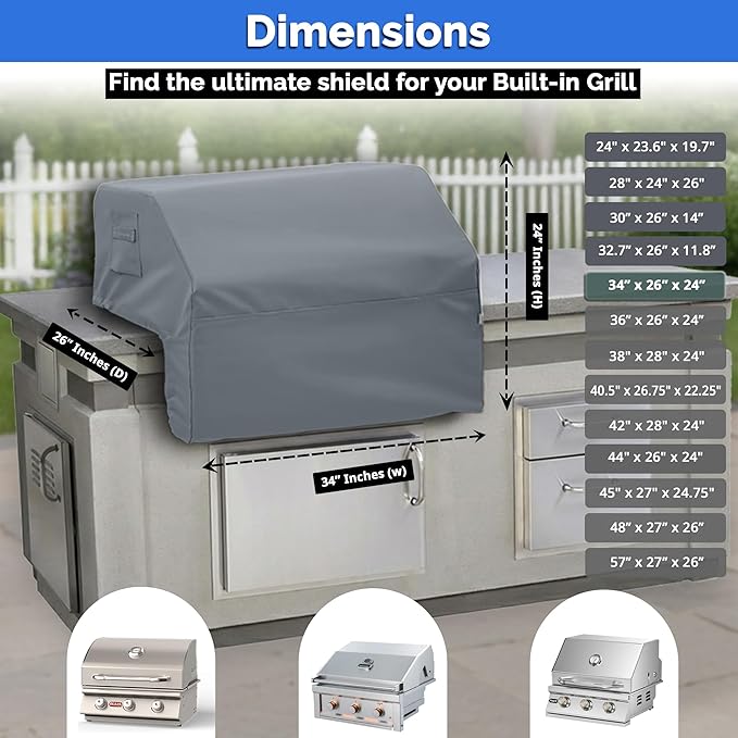 Covers & All Built-in Grill Cover for Outdoor Grill – Heavy Duty 12 oz Waterproof Built-in BBQ Grill Cover, PVC-Coated Polyester with Elastic Hem for Snug Fit (34 x 26 x 24 inches, Grey)