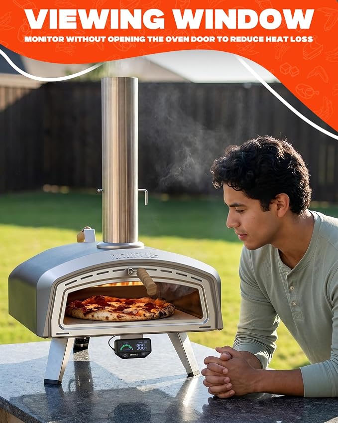 Mimiuo Smart 16" Wood/Charcoal Pizza Oven w/Temp Display – 3 Modes °C/°F | Digital Display Panel, 3 Cooking Modes (Classic/Neapolitan/Custom), Celsius/Fahrenheit Switch, Color-Coded Guide