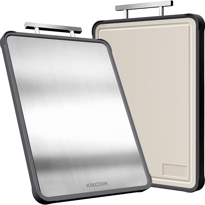 Kikcoin 17"×11" 304 Stainless Steel Cutting Boards for Kitchen, Dishwasher Safe Food Grade PP Double Sided Cutting Board, Extra Large Non-Toxic Chopping Board for Meat, Cheese & Charcuterie, Beige