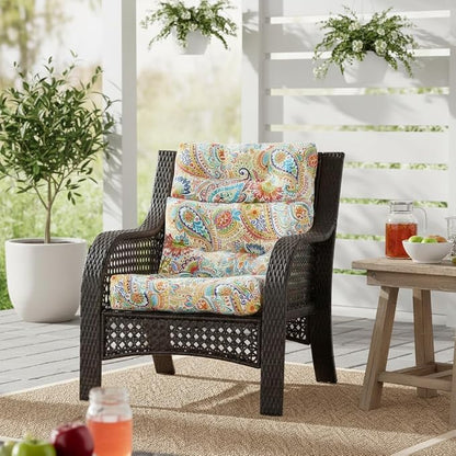 Outdoor Tufted High-Back Chair Cushions, One-Piece Hinged Seat and Back Design, Reversible with 4 Ties, Durable Polyester Fabric, Recycled Fiber Fill - Single, Jamboree Paisley