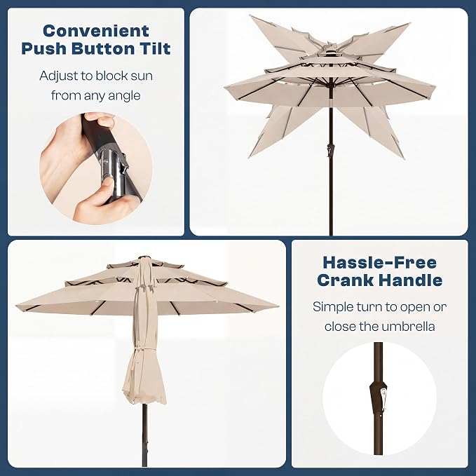 10ft 3 Tier Patio Umbrella, Outdoor Market Table Umbrella with UPF 50+ Vented Canopy, 8 Sturdy Ribs, Easy Push Button Tilt and Crank, Windproof for Deck, Pool, Backyard and Garden