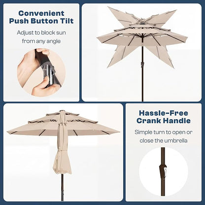 10ft 3 Tier Patio Umbrella, Outdoor Market Table Umbrella with UPF 50+ Vented Canopy, 8 Sturdy Ribs, Easy Push Button Tilt and Crank, Windproof for Deck, Pool, Backyard and Garden