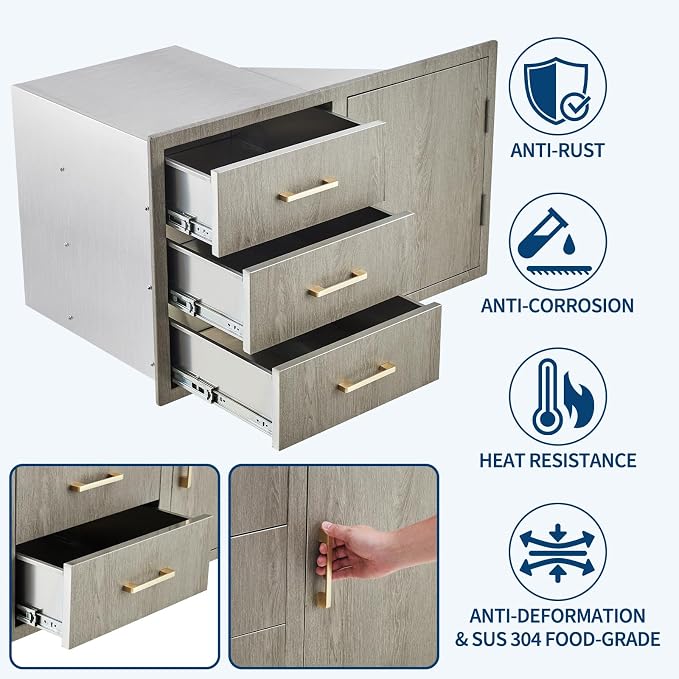 PeakPursuit Stainless Steel Outdoor Kitchen Door Drawer Combo - Triple Drawers & Access Door, Propane Storage & Adjustable Garbage Ring, Weather-Resistant Flush Mount, 38.2" W x 22.6" D x 20.5" H