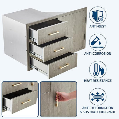 PeakPursuit Stainless Steel Outdoor Kitchen Door Drawer Combo - Triple Drawers & Access Door, Propane Storage & Adjustable Garbage Ring, Weather-Resistant Flush Mount, 38.2" W x 22.6" D x 20.5" H