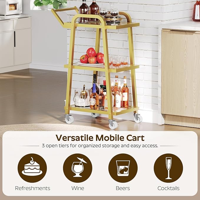 Bar Cart, 3-Tier Serving Cart for Home, Mobile Drink Cart with Wheels, Rolling Kitchen Cart, for Home Bar, Party, Living Room, Gold BC07GD