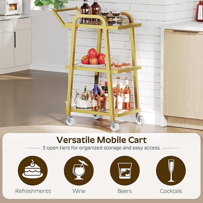 Bar Cart, 3-Tier Serving Cart for Home, Mobile Drink Cart with Wheels, Rolling Kitchen Cart, for Home Bar, Party, Living Room, Gold BC07GD
