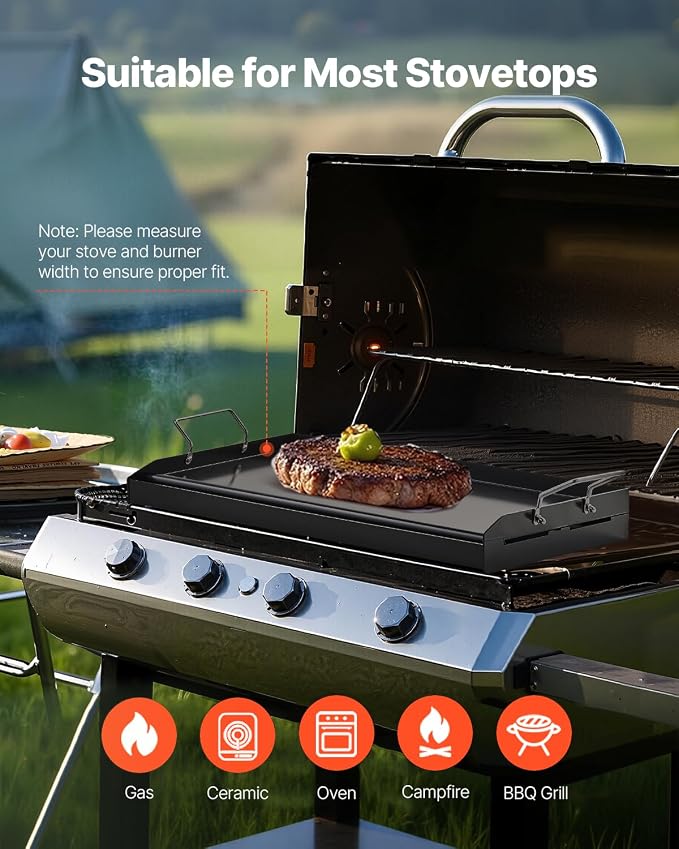 VEVOR Carbon Steel Griddle, 24x16 inch Universal Flat Top Rectangular Plate, Gas Grill Griddle for BBQ Grill, Teppanyaki, Portable Family Cookware with Handle, for Camping Tailgating Party