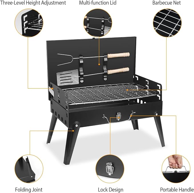 Portable Charcoal Grill for Outdoor Cooking–Foldable BBQ Grill with Adjustable Height, Removable Ash Catcher & Compact Storage Bag, Ideal for Camping, Picnics, Backyard Grilling, 16.7x10x17.7in