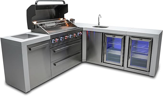 Mont Alpi Premium 94"W x 88"D Deluxe Stainless Steel Modular L-shaped Outdoor Kitchen Island with 2 Refrigerators + Beverage Center Faucet & Sink + 44"W 6-Burner BBQ Grill + Storage Cabinets & Drawers