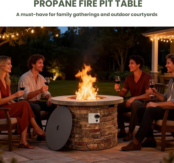 36" Propane Gas Fire Pit Table, 50,000 BTU Round Outdoor Concrete Fire Pit with Stainless Steel Burner, Pulse Ignition, Hidden Tank Storage & Lid, Optional Natural Gas Conversion for Patio, Garden