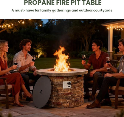 36" Propane Gas Fire Pit Table, 50,000 BTU Round Outdoor Concrete Fire Pit with Stainless Steel Burner, Pulse Ignition, Hidden Tank Storage & Lid, Optional Natural Gas Conversion for Patio, Garden