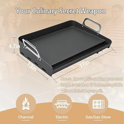 17"x13" Non-Stick Portable Steel Griddle for Gas Grill, Grill Griddle for for Weber, Nexgrill, Charbroil Grills, Easy to Clean, Fits Most Gas Stoves, Ideal for Pancakes, Bacon in Kitchen or Backyard