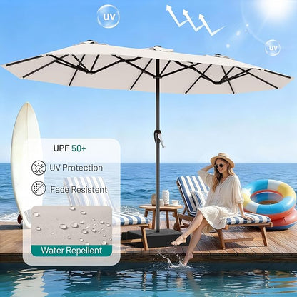 AreShark 15FT Outdoor Patio Umbrella with Crank, Large Rectangular Market Umbrella, Double-Sided Outdoor Umbrellas with Cross Base & Sandbag for Porch, Lawn, Pool, Backyard, Cream-White