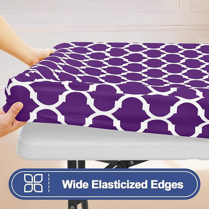 Smiry 2 Pack Rectangle Table Cloth 4 Foot, Waterproof Elastic Fitted Tablecloths, Windproof Washable Polyester Table Cover for Picnic, Camping, Outdoor (Purple, 30"x48")