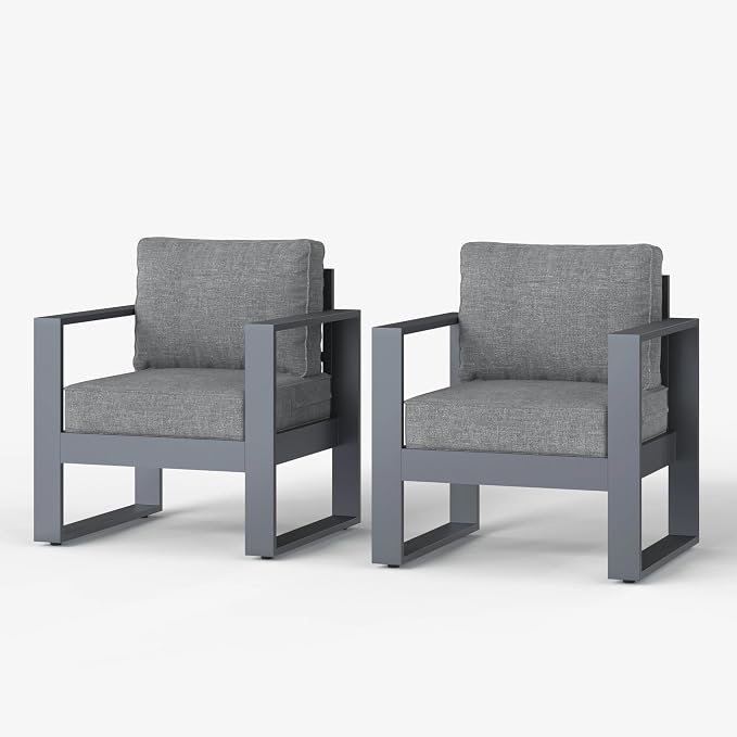 LayinSun Outdoor Patio Aluminum Chair, Metal Modern Armchair Set of 2 with Washable Thick Cushions