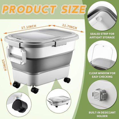 Maxdot 3 Sets 22lb Airtight Wood Pellet Storage Container Bin Kit with Clear Window, Locking Lid, Collapsible Design with Rolling Wheels, Pellet Bucket Includes Scoops Labels for Grill, Smoker