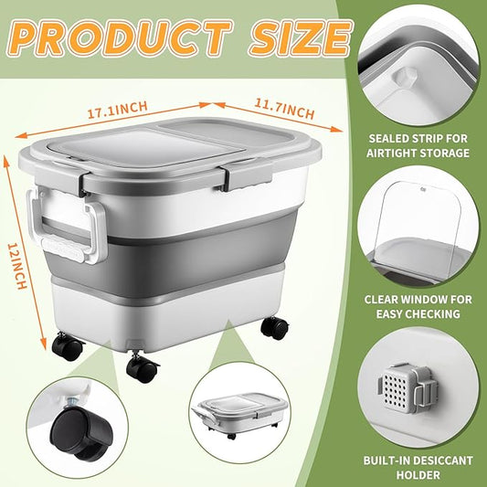 Maxdot 3 Sets 22lb Airtight Wood Pellet Storage Container Bin Kit with Clear Window, Locking Lid, Collapsible Design with Rolling Wheels, Pellet Bucket Includes Scoops Labels for Grill, Smoker