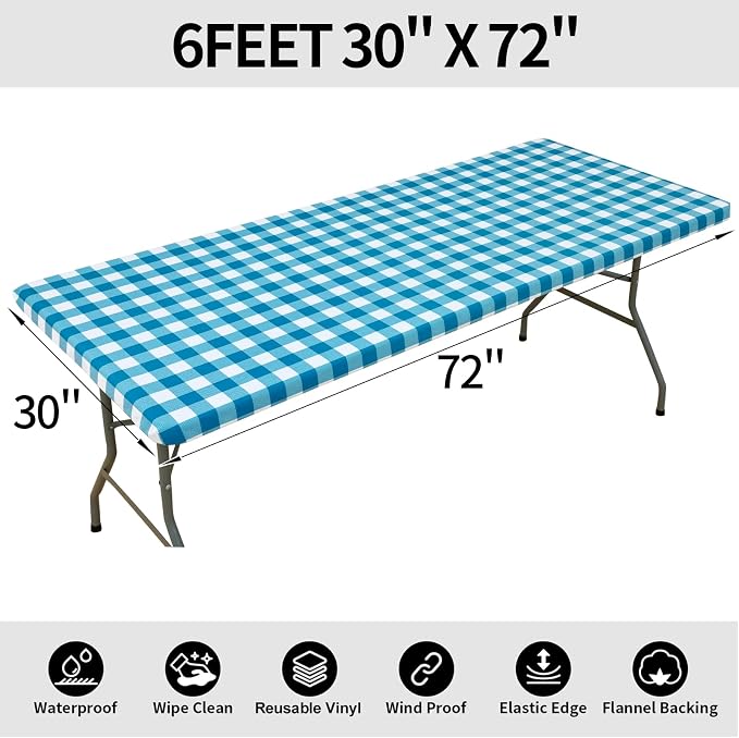 Smiry Rectangle Picnic Table Cloth, Elastic Waterproof Fitted Vinyl Tablecloths, Flannel Backed Buffalo Plaid Table Covers for Dining, Camping, Outdoor (White and Turquoise, 30" x 72")