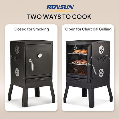 ROVSUN 2-in-1 Outdoor Smoker with Door, Vertical Portable Charcoal Grill with Two Detachable Grill Smoking Racks and Charcoal Pan, Perfect for Camping Barbecue, Small Families, Black