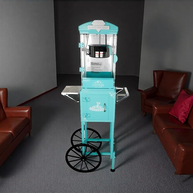 10 Oz Popcorn Machine with Cart, Mobile Popcorn Maker for 64 Cups per Batch, Nostalgia Professional Cart with Simple One-Touch & 3 Spoons, Movie Night Supplies for Home, Cyan