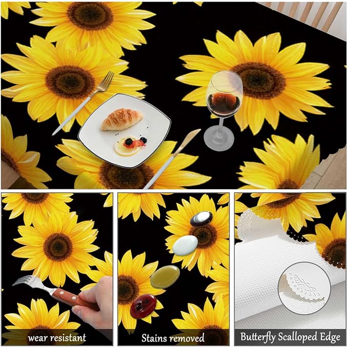 Swono 52x70 Inch Sunflowers Tablecloth Yellow Black Floral Blossom Sunflower Farmhouse Dining Table Cloth Anti-Stain Talking Table Cover for Kitchen Dinning Room Coffee Store