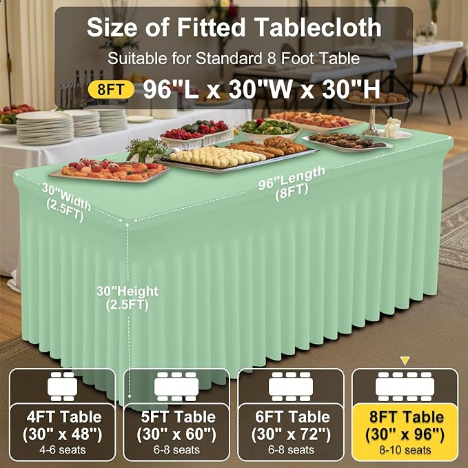 Smiry 2 Pack Spandex Elastic Fitted Table Cloth Skirt for 8FT Table | Stretch Washable Table Cloth, Banquet Table Cover for Wedding, Party, Indoor & Trade Shows, (Light Green, 96Lx30Wx30H)