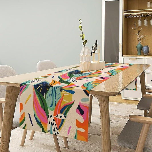 Abstract Tropical Leaves Table Runner Modern Exotic Flower Botanical Jungle Plam Tree Hawaii Plant Summer Seasonal Dinner Runner for Farmhouse Kitchen Dining Holiday Party 13x36in