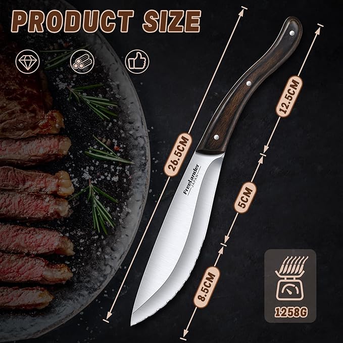 Freelander Handmade Forged Steak Knives Set of 6, Serrated Cutters for Meat Cutting, Stainless Steel Steak Knife Set Blades with Wooden Handles, Elegant & Aesthetic Design