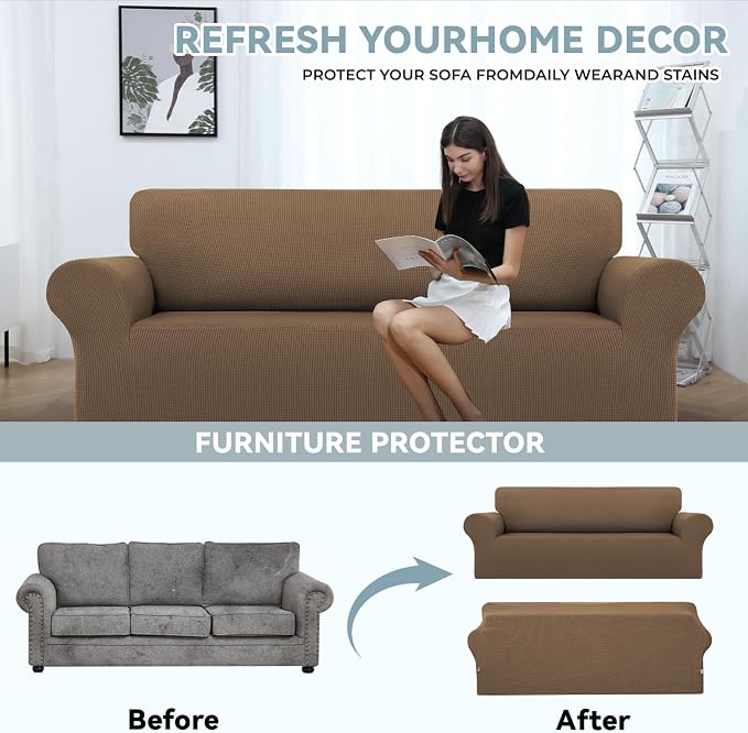 LURKA Stretch Couch Cover for Sofa, 1 Piece 3 Cushion Slipcover, Camel | Soft Stretch Jacquard, Fits 78"-94" Sofas, Elastic Bottom for Secure Fit, Machine Washable, Pet & Kid Friendly