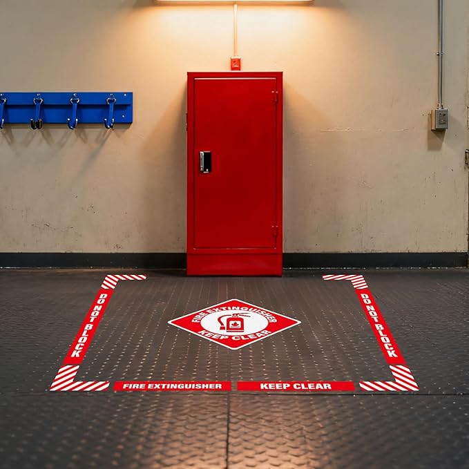 2 Pack Fire Extinguisher Signs Self Adhesive Keep Clear Do Not Block Floor Sign with Strips Waterproof Vinyl Fire Extinguisher Floor Marking Kits for Business Warehouse Office Red