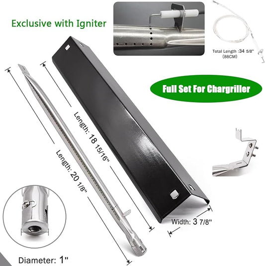 Grill Parts Compatible with Char Griller 5050 3001 5650 3072 3030 3008 5252 & King Griller - Burners, Flame Shields, Igniters & Hanger Brackets - Repair Kit for Char Griller Replacement Parts