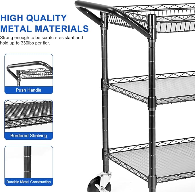 YNN Black Utility Rolling Cart,990Lbs 3 Tier Heavy Duty Metal Cart with Wheels & Handle NSF Wheeled Cart 31" D x 18" W x 33" H for Bedroom, Bathroom, Kitchen,Garden,Decor,Serving
