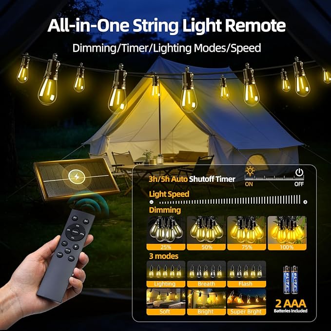 Solar Lights Outdoor Patio Lights: S14 15M 50FT Solar Powered Remote Control 3 Light Modes Dimmable Solar Waterproof Light - Shatterproof Bulbs - Camping Backyard Garden Deck Outside Yard