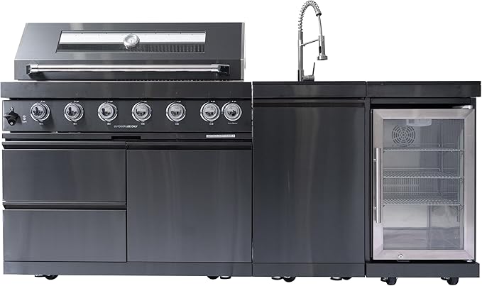 82" Natural Gas Outdoor Kitchen Island - 43-Inch 6-Burner 85,000 BTU Deluxe Stainless Steel Grill Wine Cooler Compact Refrigerator Rotisserie Granite Countertops/Sink,Black
