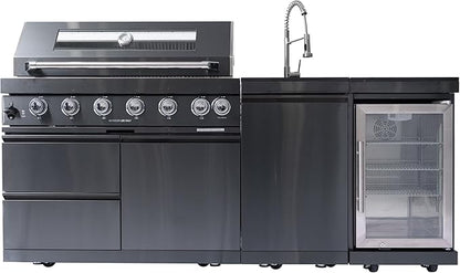 82" Natural Gas Outdoor Kitchen Island - 43-Inch 6-Burner 85,000 BTU Deluxe Stainless Steel Grill Wine Cooler Compact Refrigerator Rotisserie Granite Countertops/Sink,Black