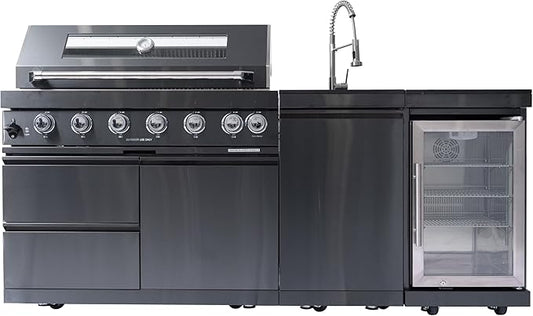 82" Natural Gas Outdoor Kitchen Island - 43-Inch 6-Burner 85,000 BTU Deluxe Stainless Steel Grill Wine Cooler Compact Refrigerator Rotisserie Granite Countertops/Sink,Black