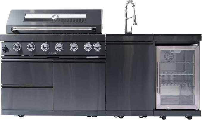 Modular 304 Stainless Steel Outdoor Kitchen Island Gas Grill,Six Burner 85000 BTU Barbecue Station with Refrigerator,Sink,Faucet,Rotisserie,Granite Countertop,Storage Drawers,Cabinets,Wheels (Black)