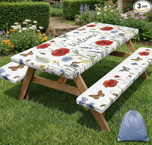 Picnic Table Cover with Bench Covers, Wildflower Camper, 72 Inch | 3PCS Waterproof fitted tablecloth elastic edges outdoor camping essentials with drawstring bag