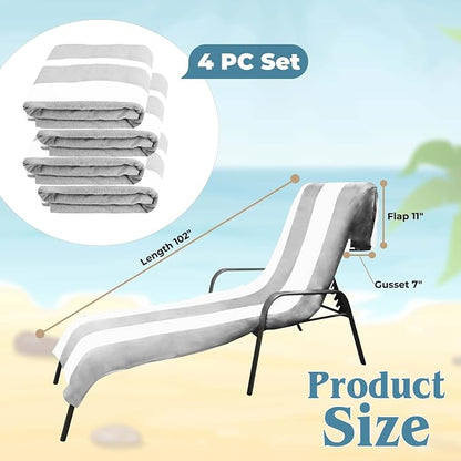 Superior Cabana Cotton Lounge Chair Cover, Outdoor Towel/Chaise Furniture Covers, Terry Cloth, Beach, Spa, Swim Accessories, Pool Chair Cover, Soft, Quick Drying, 32" x 102", Set of 4, Light Grey