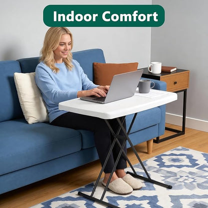 Folding Table- Small Desk Adjustable Height TV Tray for Laptop, Couch, Camping - Heavy Duty Utility Foldable Table for Small Spaces, No Assembly Required, White Granite (White, 30in-2pack)