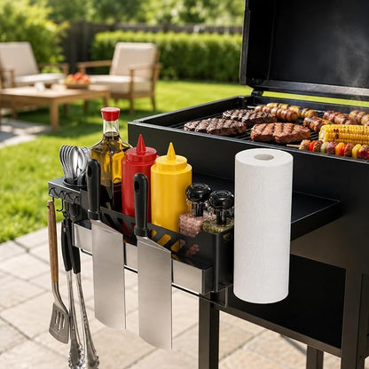 Griddle Caddy, Universal Griddles & Grill Caddy for Blackstone Accessories | with Windproof Paper Towel Holder & Magnetic Tool Holder & Knife, Fork, Skewer Holder & 6 J-Hooks