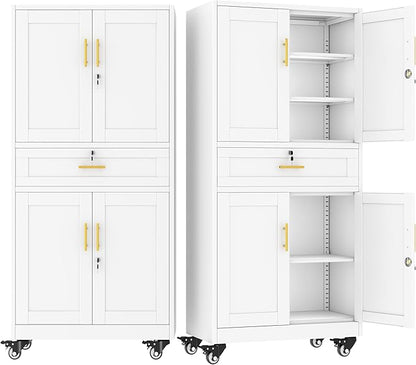 winiowa 71" Tall Metal Garage Storage Cabinet with Wheels and Locking Doors, Locking Rolling Tool Cabinet with Drawer and 3 Adjustable Shelves for Garage,Home,Office (White)