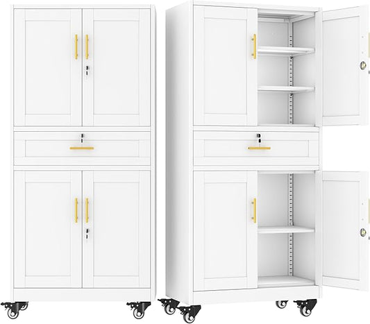 winiowa 71" Tall Metal Garage Storage Cabinet with Wheels and Locking Doors, Locking Rolling Tool Cabinet with Drawer and 3 Adjustable Shelves for Garage,Home,Office (White)