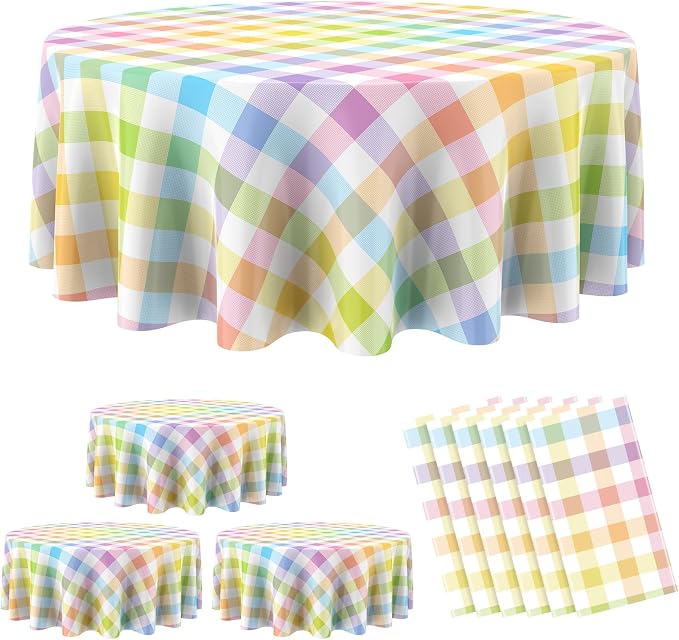 Spring Disposable Checkered Tablecloth Round Plastic Buffalo Plaid Table Cloth 84'' Gingham Pastel Tablecover for Picnic Camping BBQ Graduation Party(Macaron Colors, 6 Pieces)