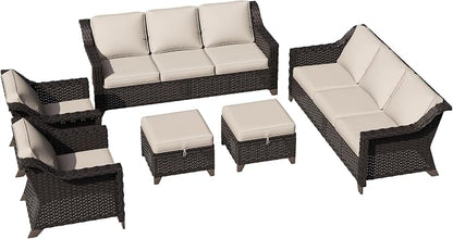 6 Piece Patio Furniture Set, Wicker Outdoor Conversation Set | Patio Chair Set with Olefin Removable Cushion, All-Weather Outdoor Couch with Deep Seat for Porch, Deck and Backyard, Beige