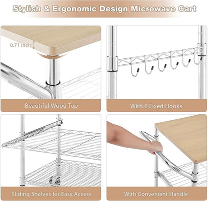 3 Tier Rolling Kitchen Cart with Wood Tabletop, Kitchen Island Carts with Wheels & Slider Shelf, Microwave Cart on Wheels, Coffee Cart with Hooks, 35.4" L*18.1" W*31.9" H，Wood+Chrome